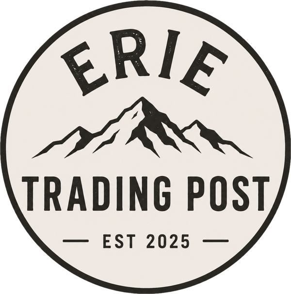A circular logo-style graphic with the words “ERIE TRADING POST” and “EST 2025” in black text above and below a black mountain illustration on a light warm beige background.